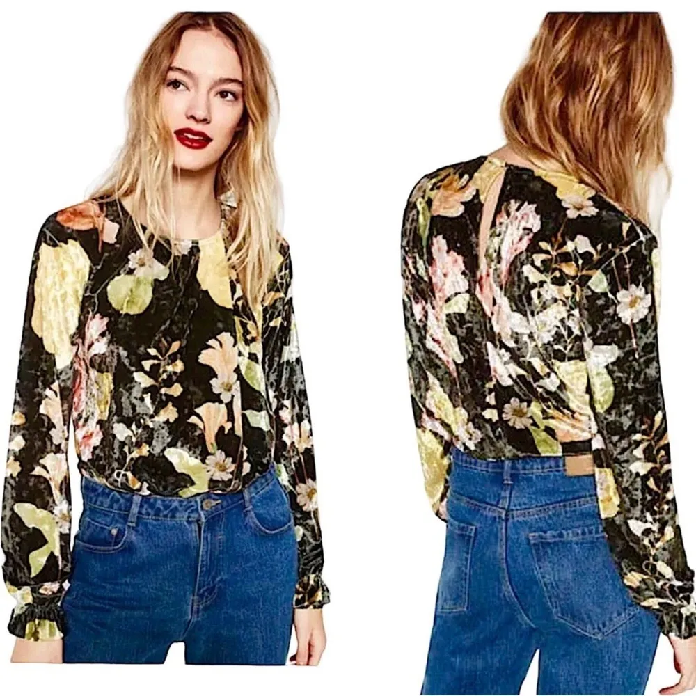 Zara Bodysuit Velour Velvet Floral Green Long Sleeve S Cocktail Holiday Chic Mod - Image 2