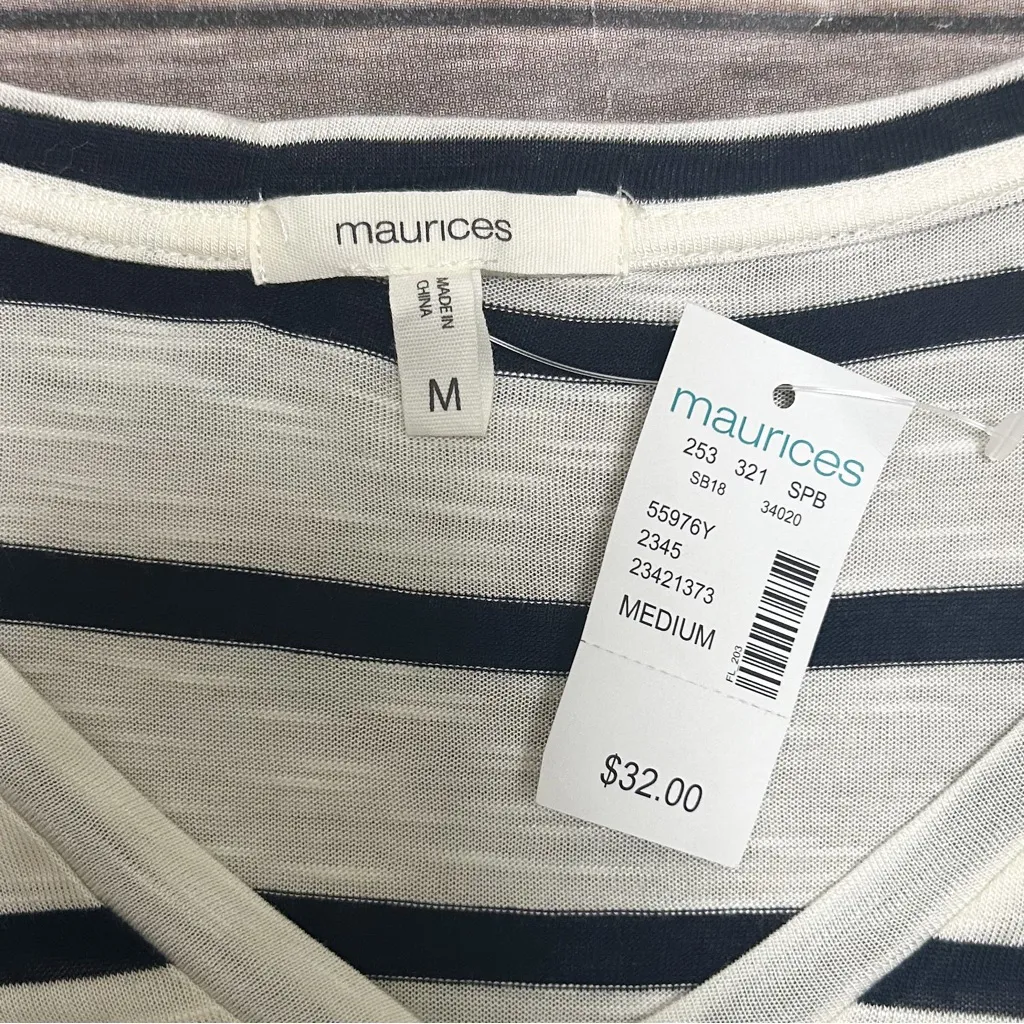 Maurices Ivory Navy Stripe Floral Embroidered Tie V Neck Short Sleeve Medium NWT - Image 8