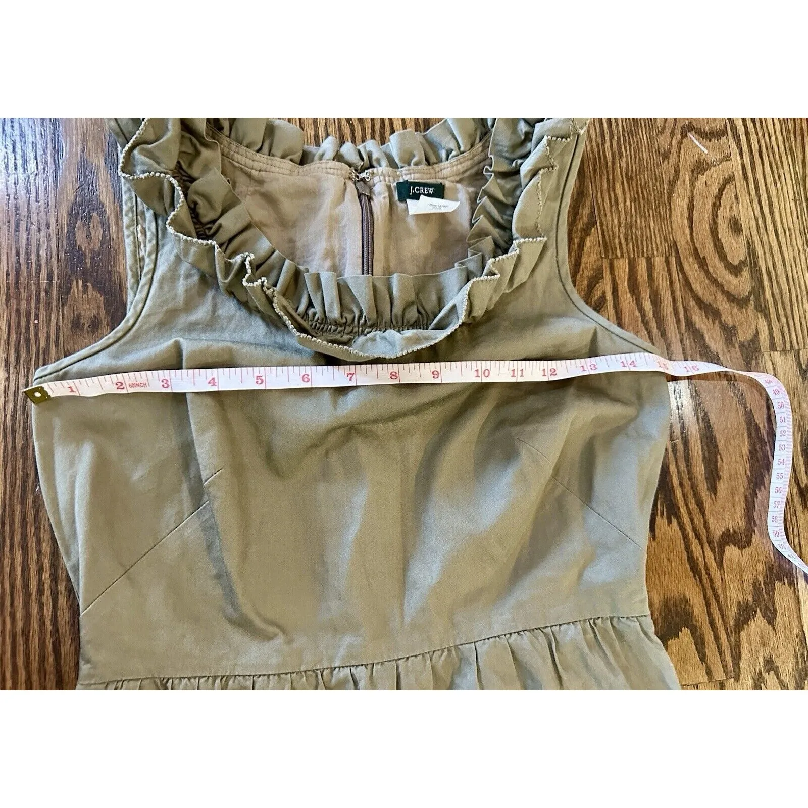 J Crew Olive‎ Green Brown Ruffle Womens Dress Size 0 XS 100% Cotton Pockets EUC - Image 6