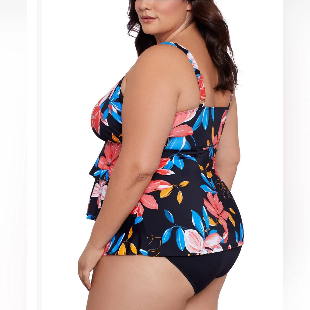 Swim Solutions Floral Print Fauxkini One Piece Swim Suit Black Size 20W - Image 2