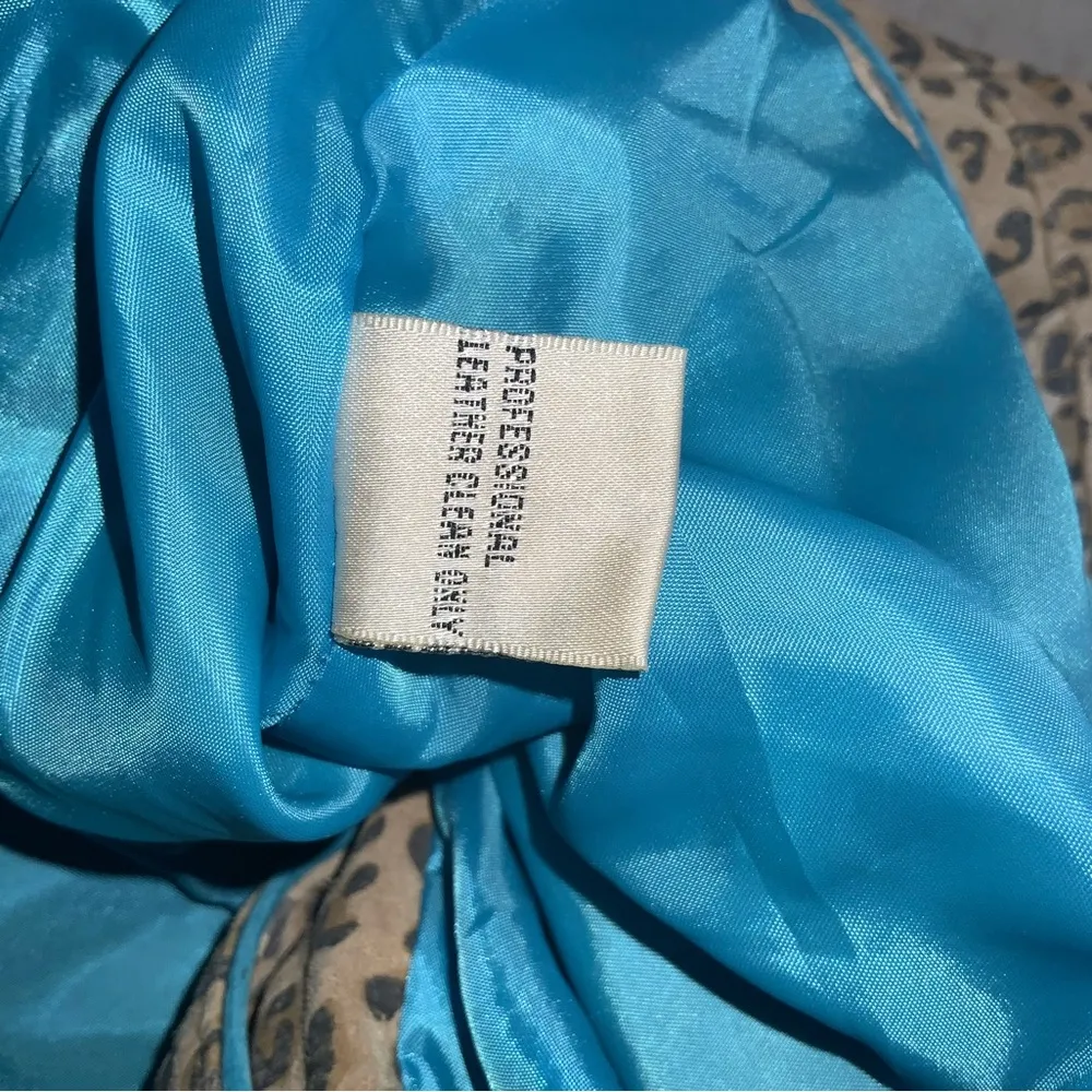 Yvonne & Marie Tan Leopard Print Turquoise Trim 100% Leather Hip Length Jacket 4 Blue - Image 13