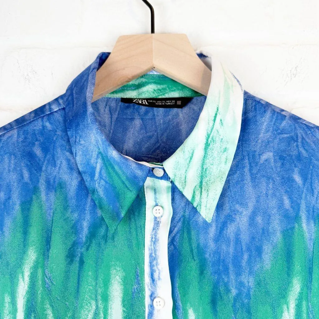 Zara Blue Green Watercolor Tie Dye Satin Long Sleeve Button Down cropped XL - Image 2