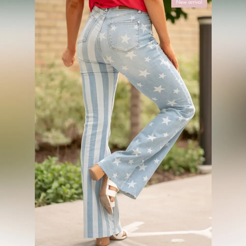 Womens Judy Blue Miss America Flag High Rise Flag Print Flare Jeans - Image 3