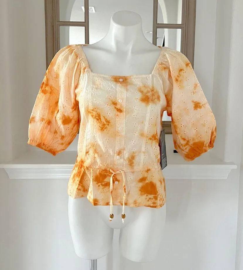 Broadway38 Peplum Top Cotton Perforated Tie Dye Square Neck Size S NWT - Image 12