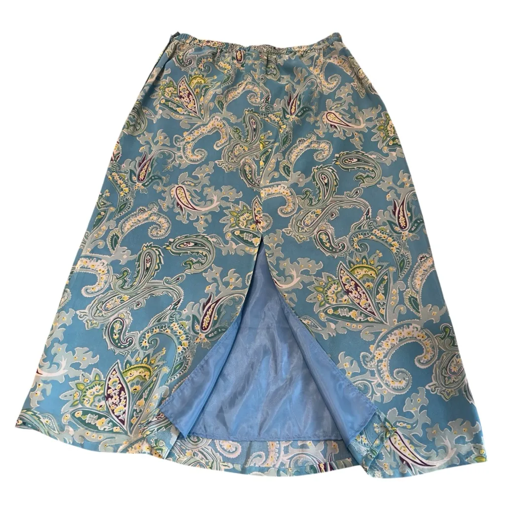 Cynthia Taylor 100% Silk Blue Paisley Skirt‎ Vintage Boho Maxi Lined Size 1X Green - Image 2