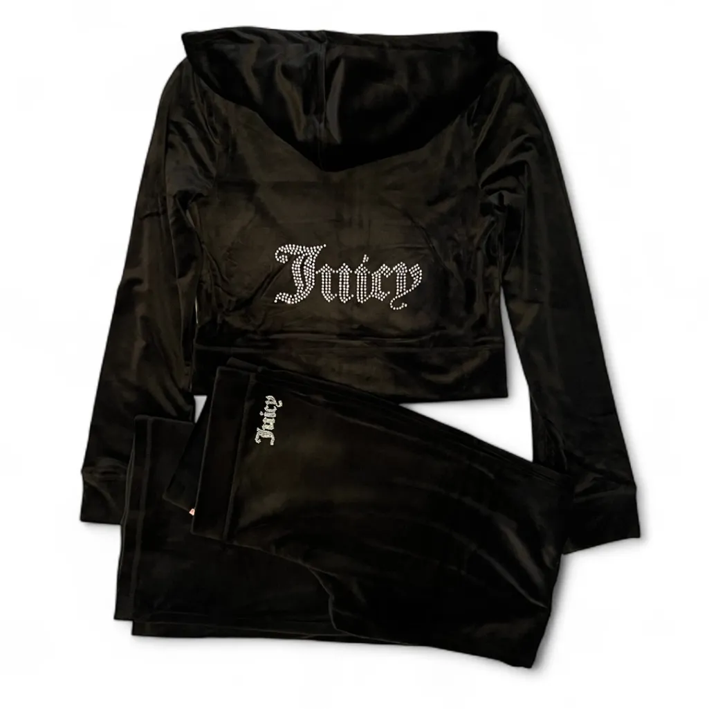 JUICY COUTURE Bling Black Velour Tracksuit Jacket & Pants Set Rhinestone MEDIUM - Image 14