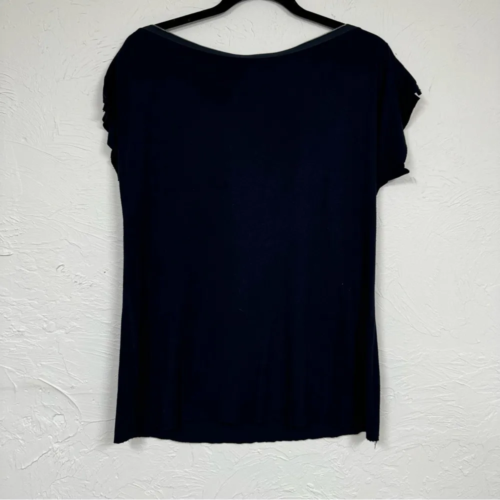 Bailey 44 Navy Blue Zip Boat Neck Y2K Blouse Womens L Preppy Girly Short Sleeve - Image 8