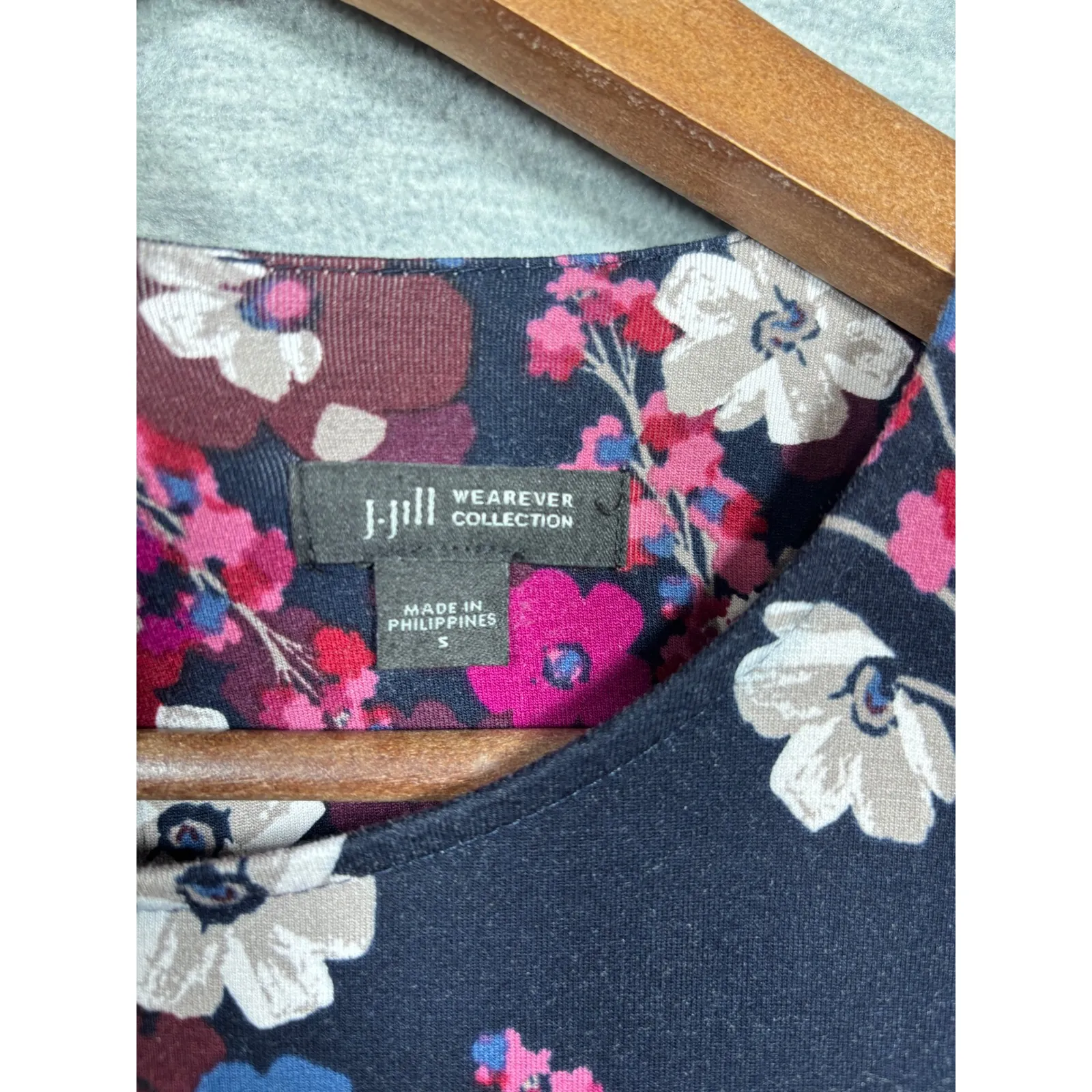 J Jill Wearever Dress S Floral Print Navy Pink White Burgundy Long Sleeve Casual - Image 2