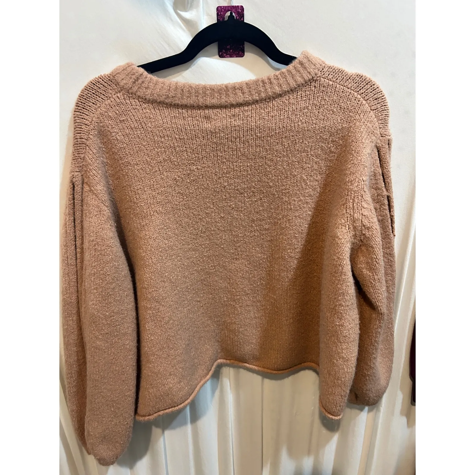 World‎ Market Fuzzy Knit Cropped Sweater Boxy Cutout Sleeve Top One Size Tan Size 00 - Image 5