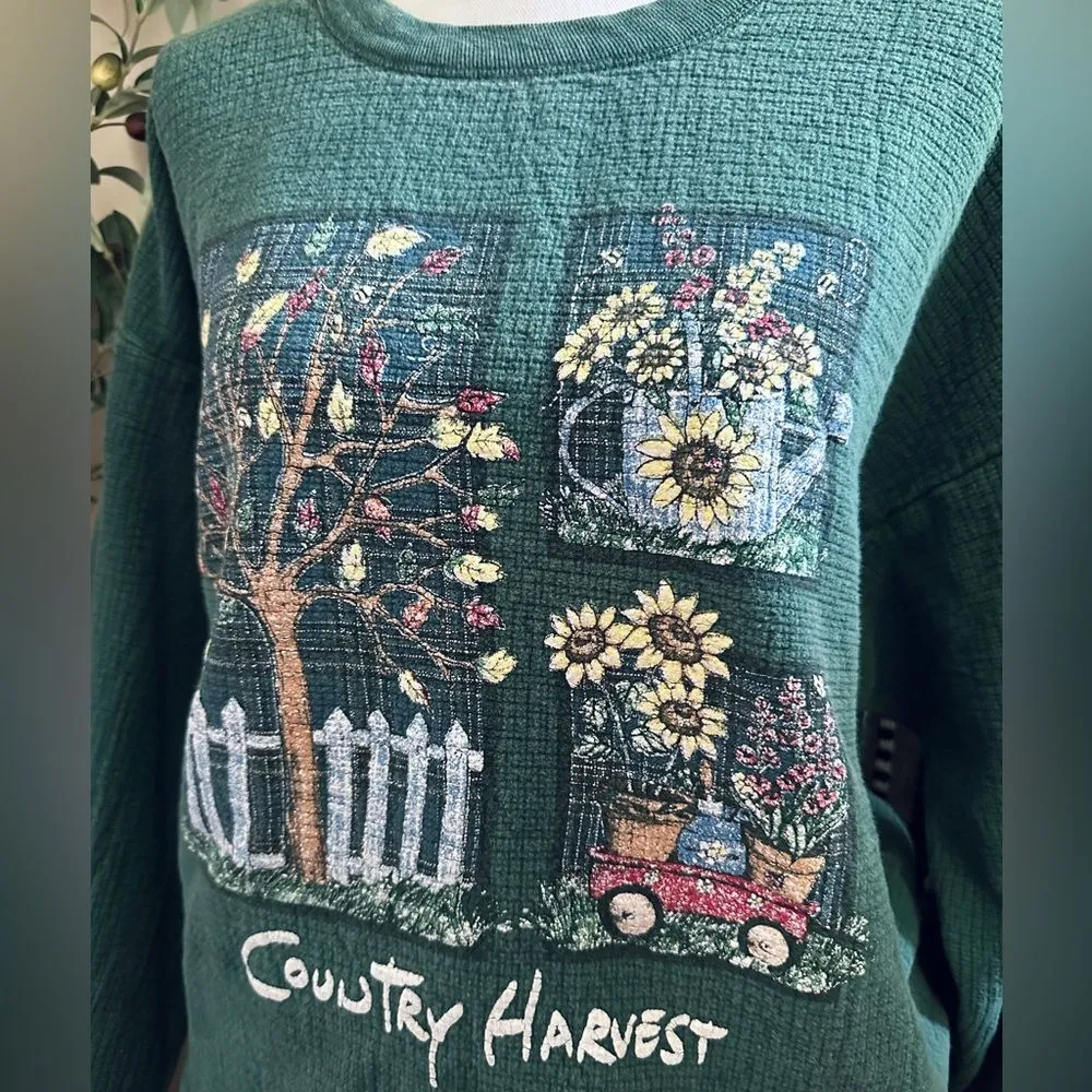 Vintage Chic Cottagecore Country Harvest Sunflower Leaves Textured Sweatshirt Green Size 2X - Image 2