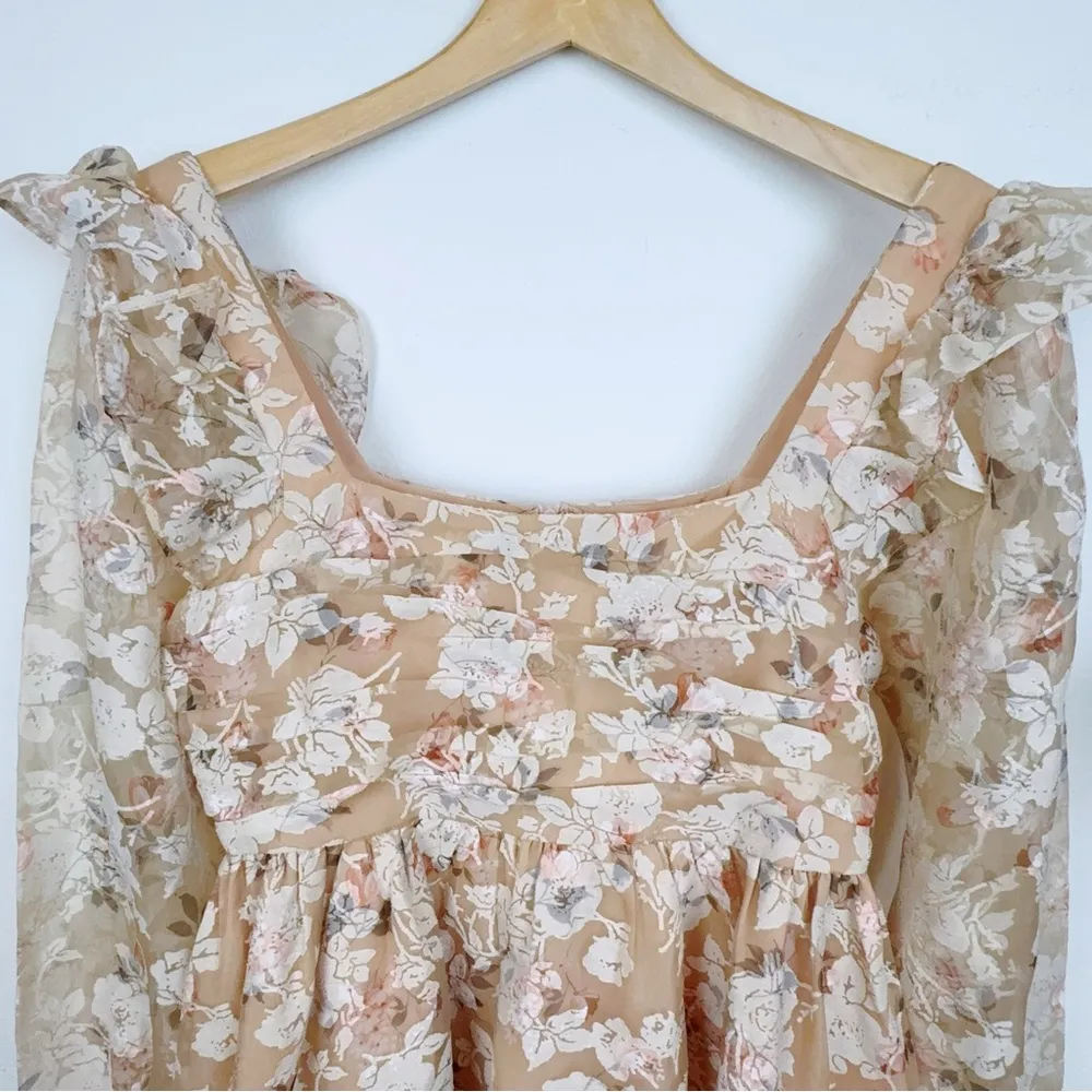 NWT En Saison Chaumont Floral Print Puff Sleeve Mini Dress in Orange Multi Small Tan - Image 4