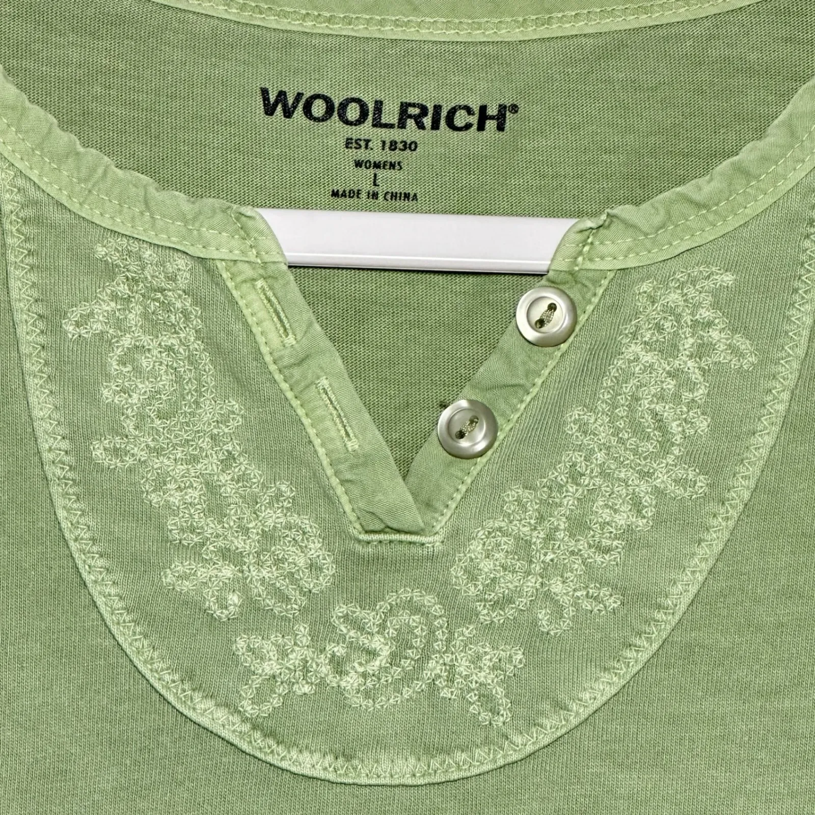 WOOLRICH Womens Green Embroidered Henley T Shirt Size L - Image 7