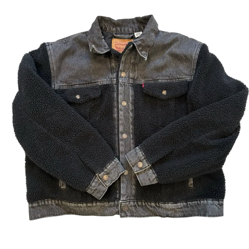 Levi's Pieced Sherpa Ex-Boyfriend Black Denim Trucker Jacket, Sz XL - Image 10