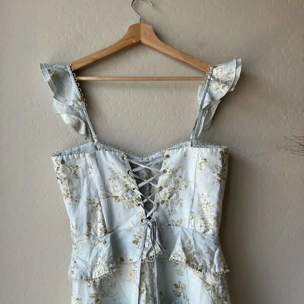 NEW V. Chapman Avignon Ruffled Corset Mini Dress‎ in Victorian Blue Roses Size 8 - Image 9