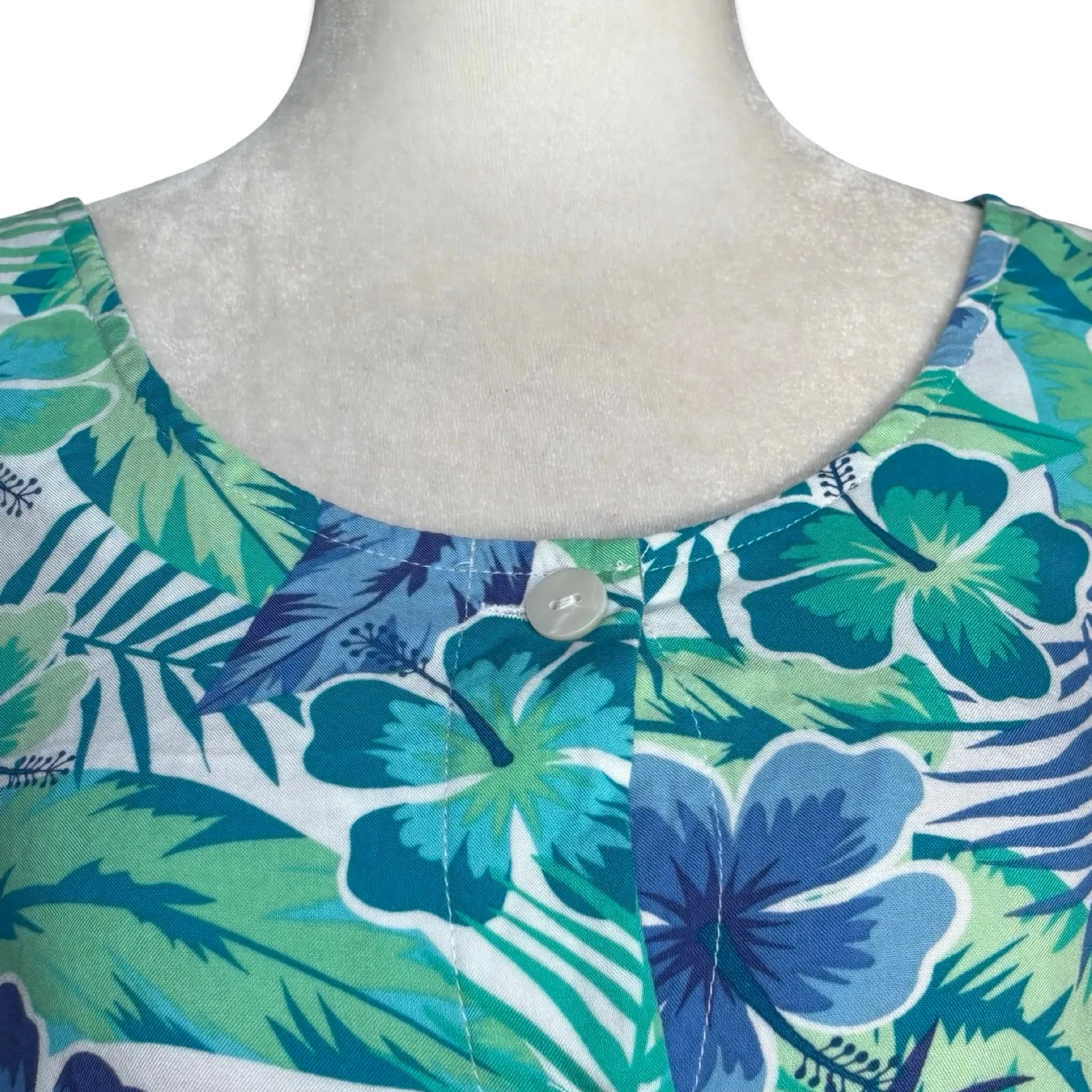 Vintage Teal Tropical Floral Maxi Dress Sleeveless Button Front Rayon Vacation Blue - Image 3