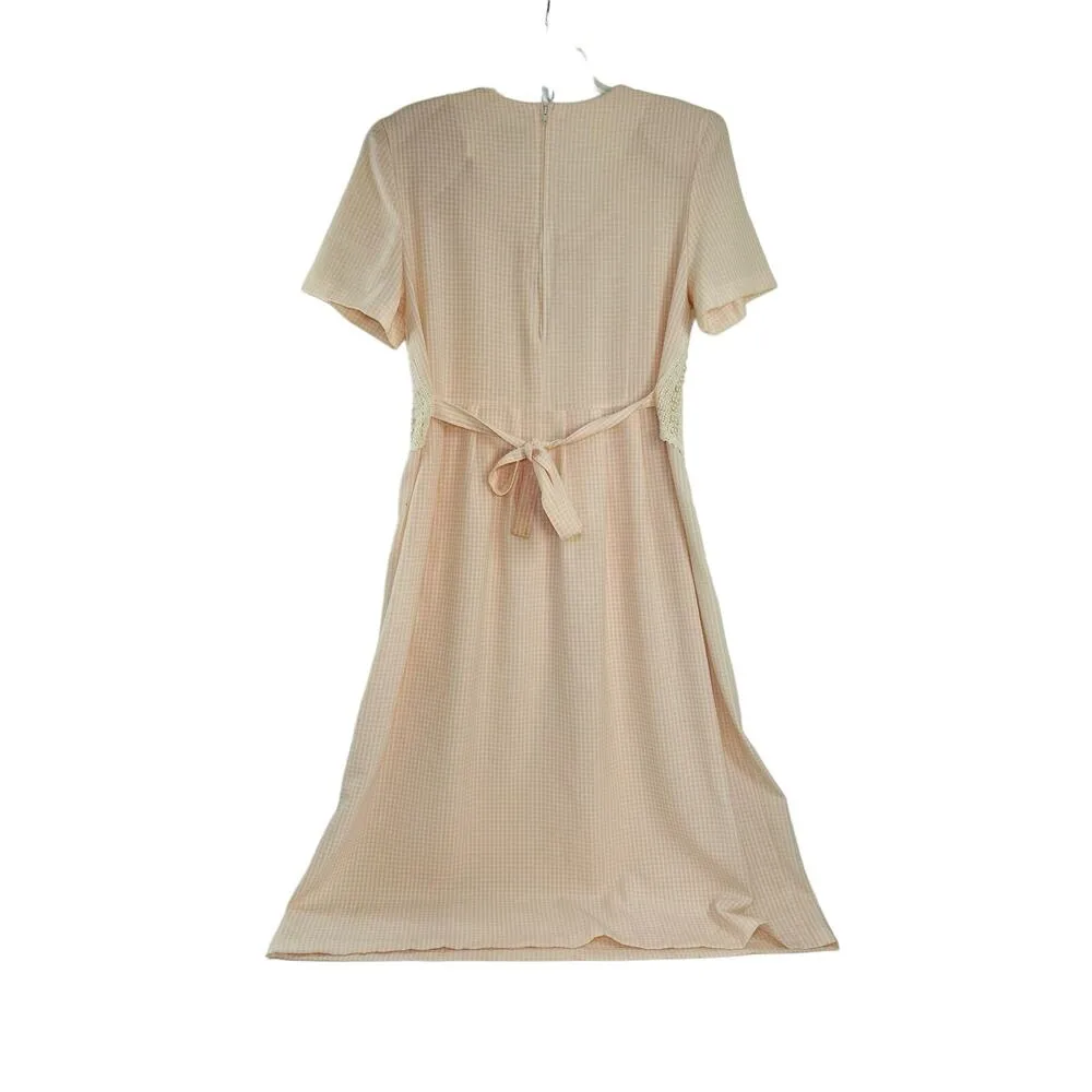 80s Vintage Cottage Core Midi Dress Crochet Vest Pastel Pink Gingham Prairie Size 12 - Image 4