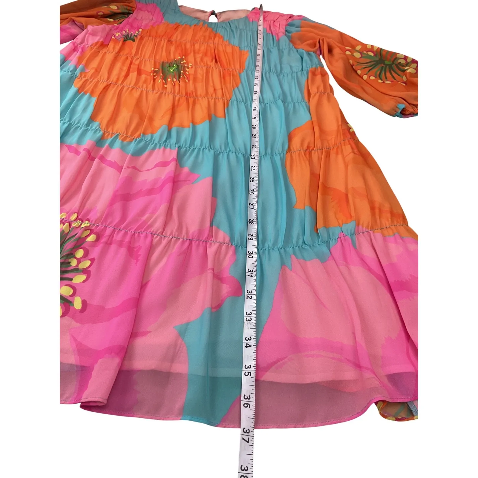 Trina Turk Floral Tiered Midi Dress Orange Blue Pink Ruffle Sleeve Size S - Image 9