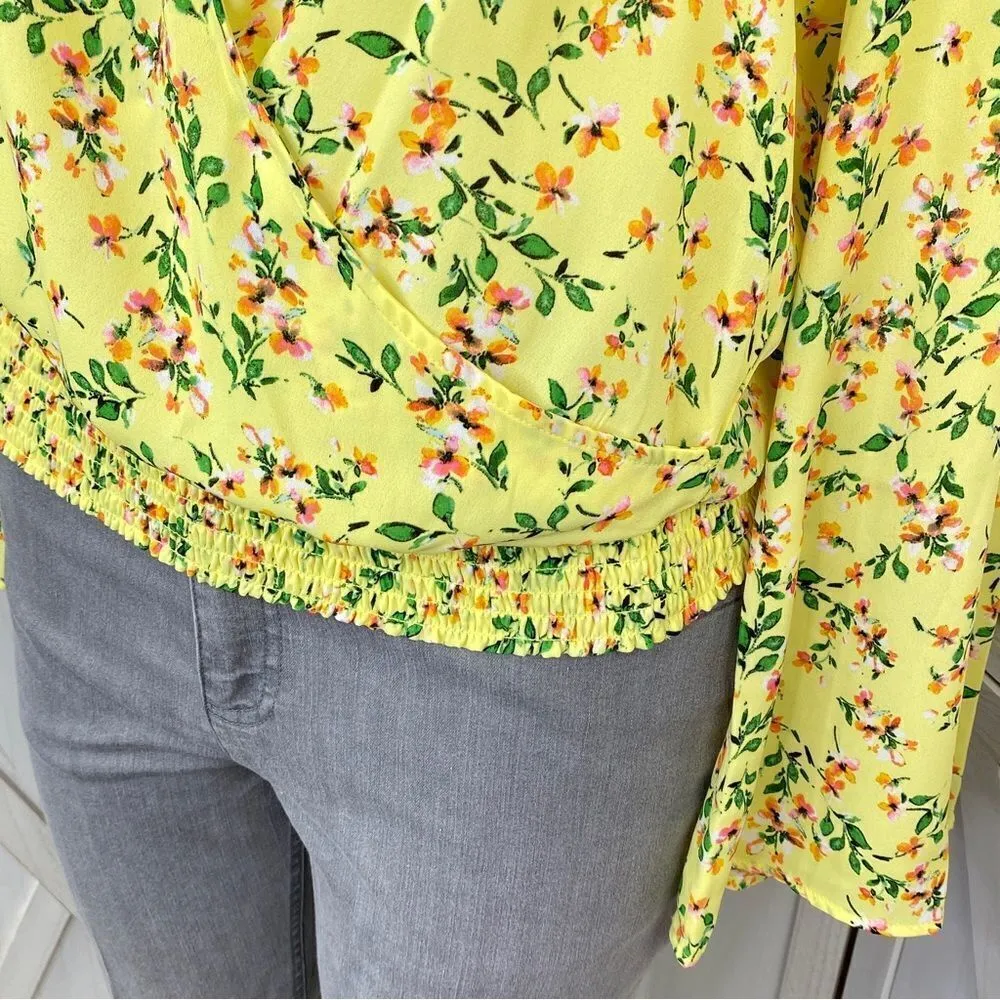 For The Republic Floral Bell Sleeve Surplice Blouse Yellow Large - Image 8