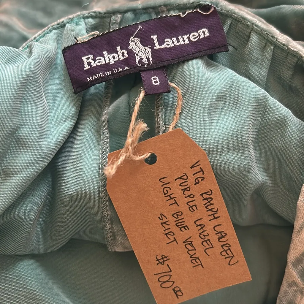 Vintage Ralph Lauren Purple Label Light Blue Velvet Midi Skirt Size 8 - Image 4