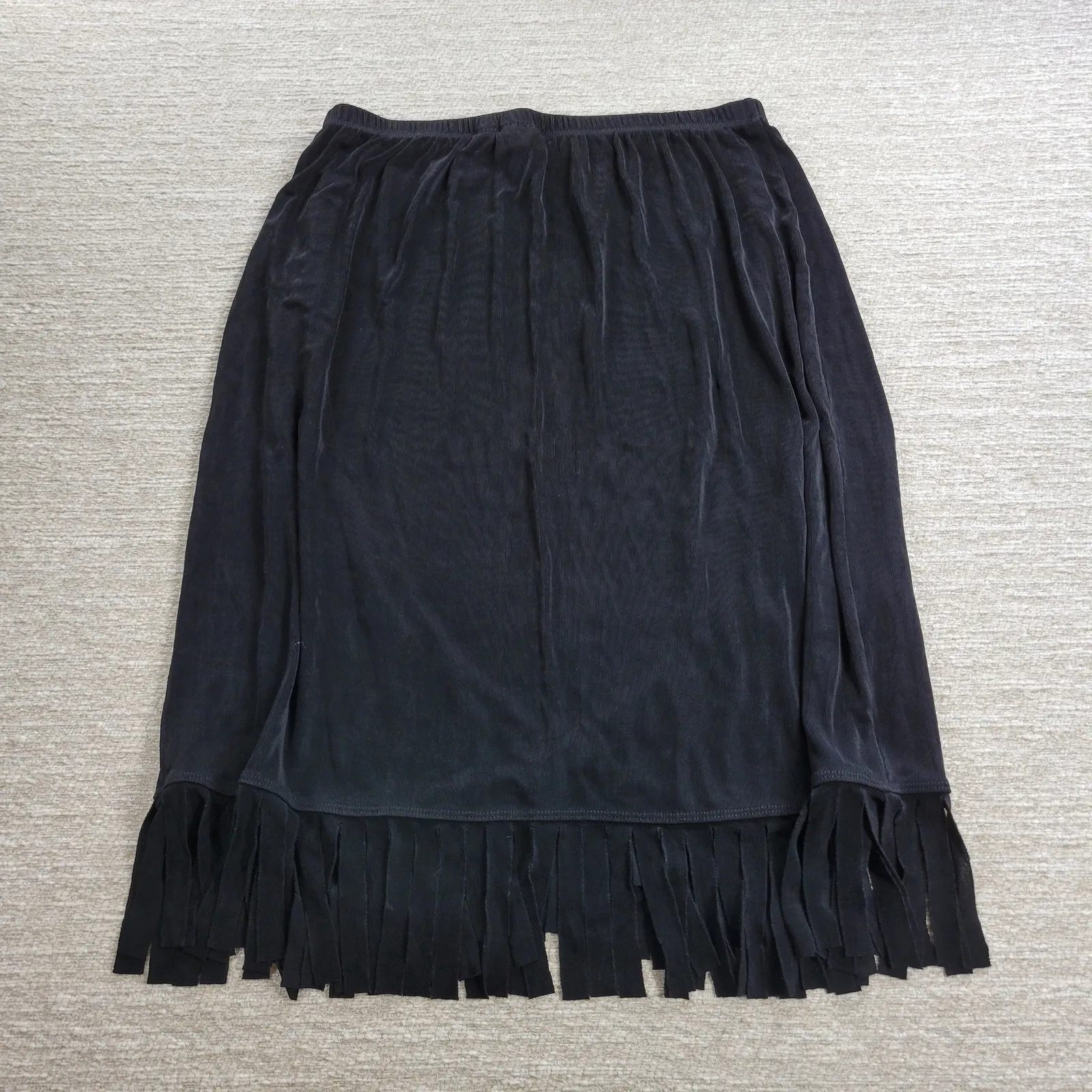 Chicos Travelers Fringe Skirt Womens XL Black Ribbed Faux Wrap Slinky Rodeo - Image 3