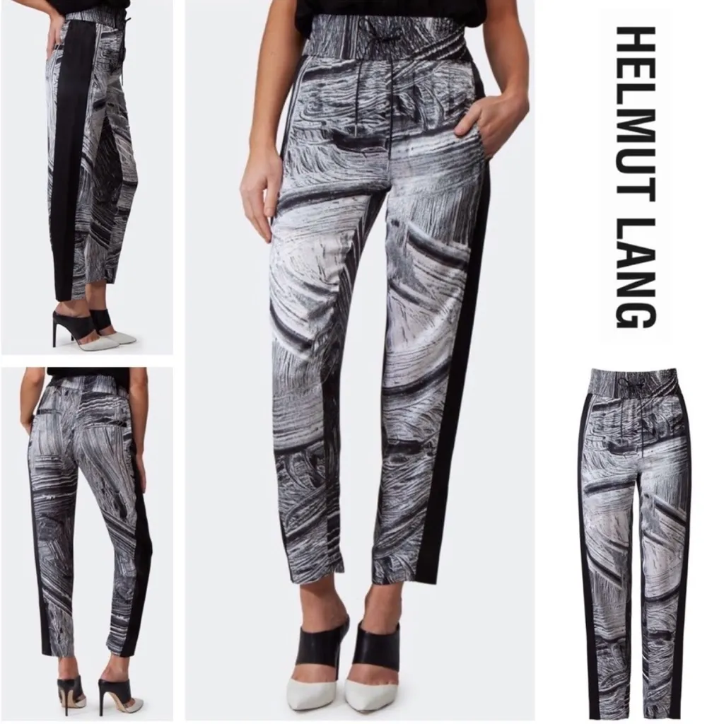 Helmut Lang Method Silk Pants XS Black White Drawstring Edgy Abstract Stripe - Image 3