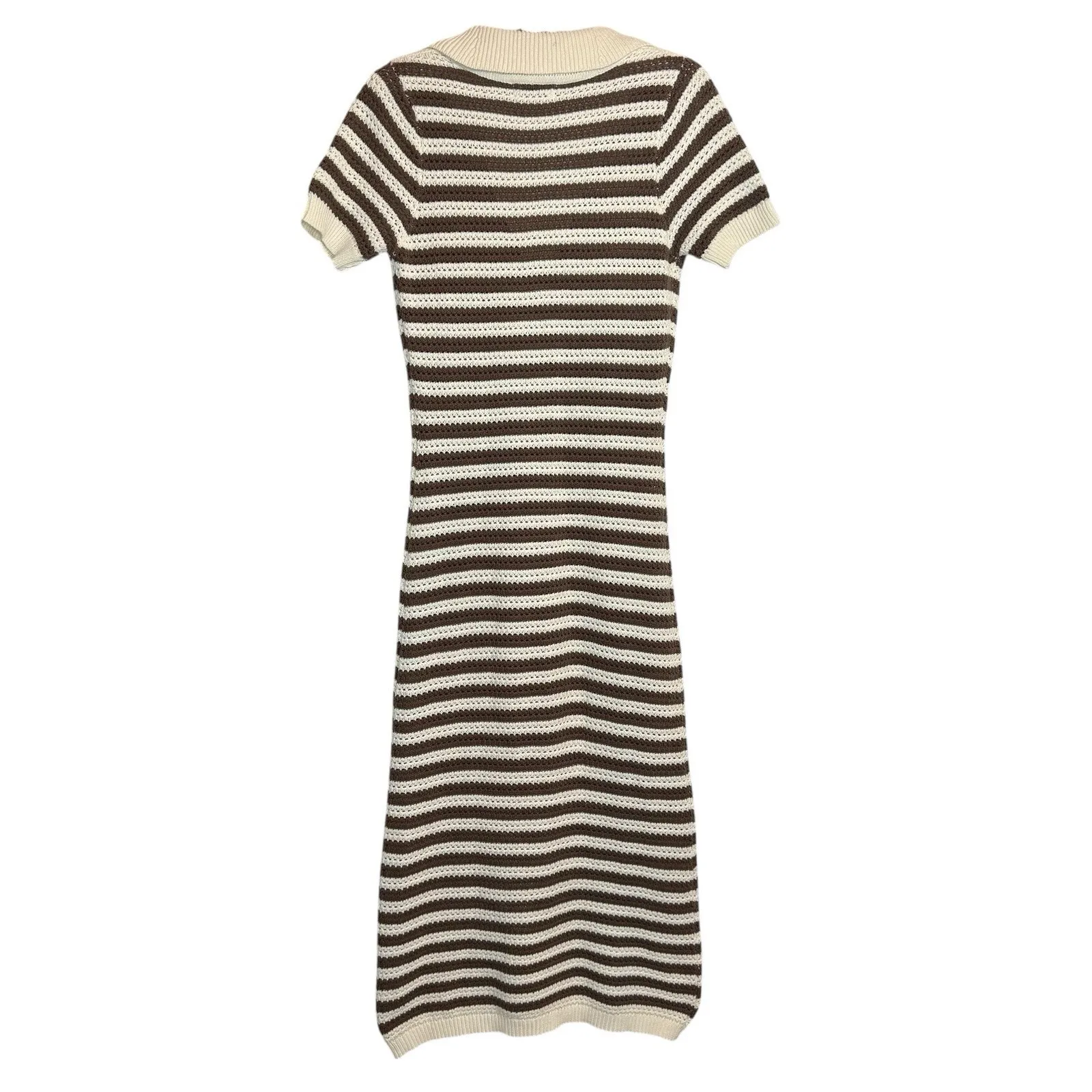 The Workshop Crocheted‎ Midi Dress S Brown Striped Collared Retro Cotton Knit - Image 6