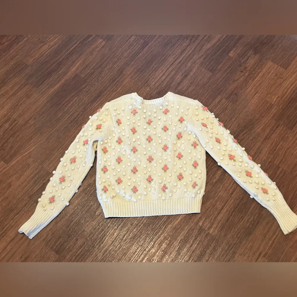 🌸 Zara Pom Pom Floral Knit Sweater Size S V Neck - Image 6