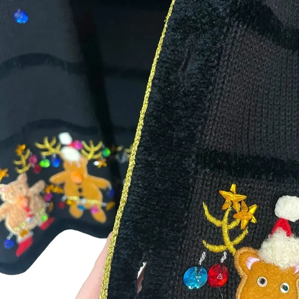 VINTAGE 90s Jack B Quick Ugly Bedazzled Christmas Cardigan Sweater Black Size M Size M - Image 7