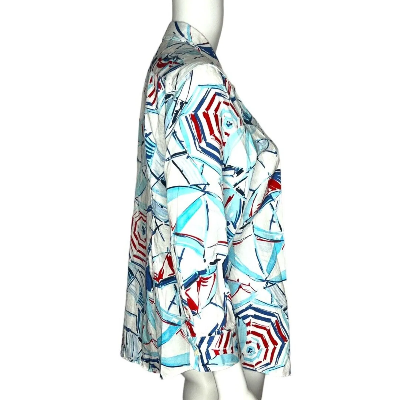 Chaps Shirt Women XL Petite Red White Blue Umbrella Print Button Up Picnic Beach - Image 2