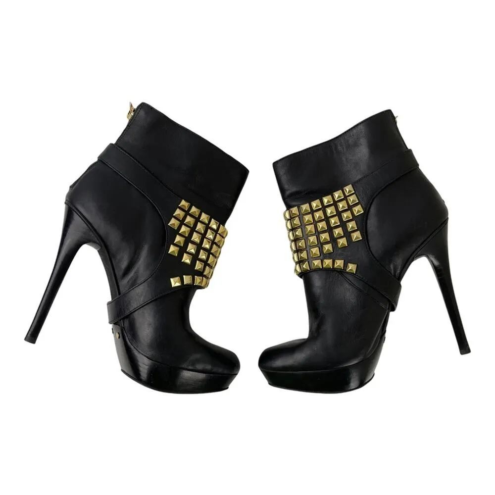Michael Kors Rock and Roll Black Leather Gold Studs Harness Booties Boots 7M - Image 4