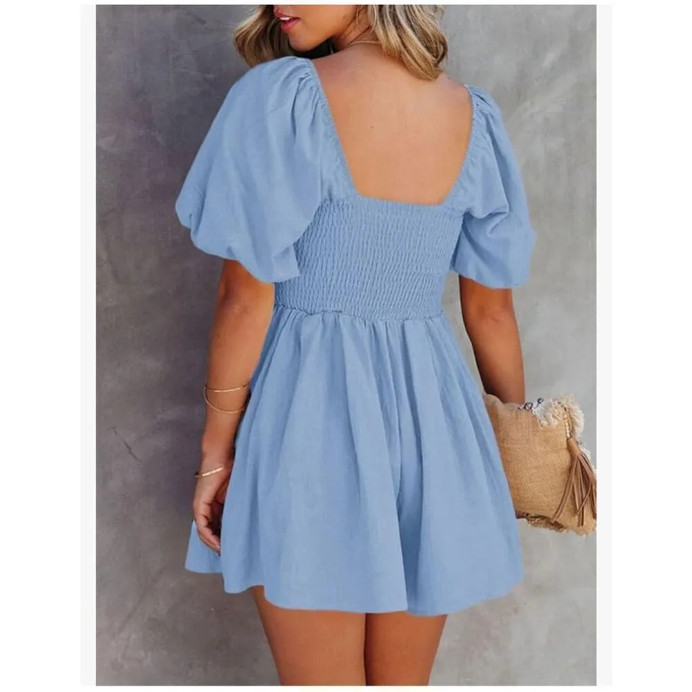 NEW Chambray Romper Puff Sleeve Square Neck Mini Lined Romper S Blue - Image 3