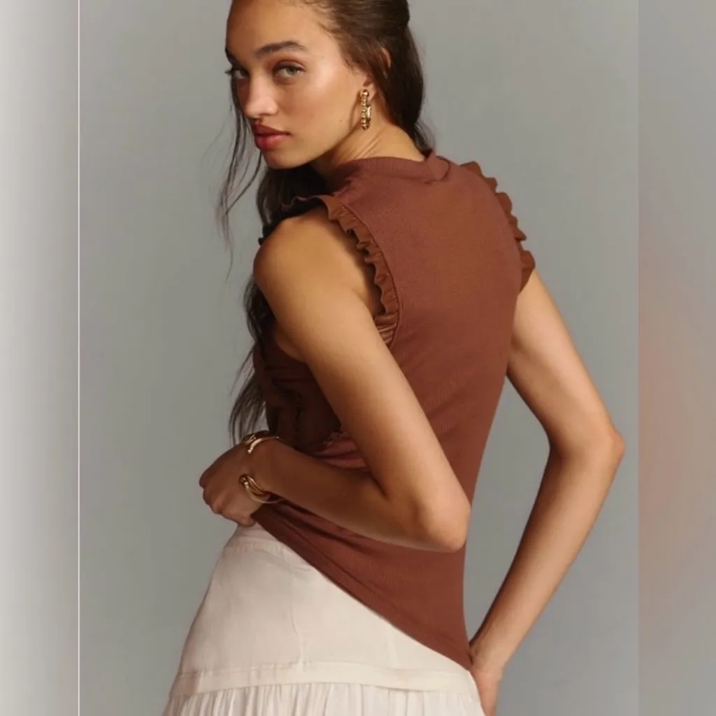 Anthropologie Sunday in Brooklyn Brown Ruffle Trim Sleeveless Tank size large - Image 2