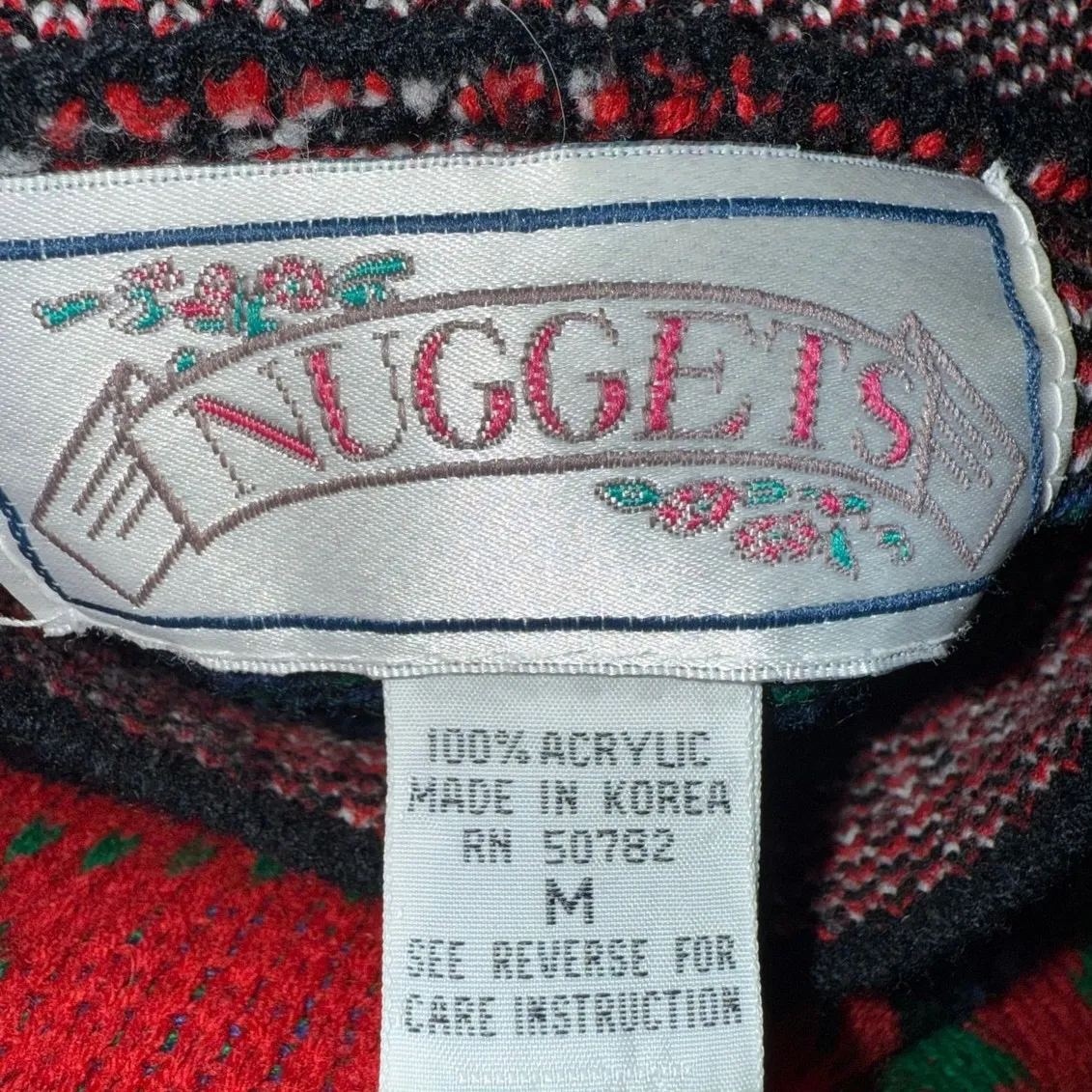 Vintage Ugly Christmas Sweater Medium Mock Neck 90s acrylic Striped Stars Trees Red - Image 2