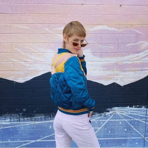 Classic Rock Couture Peacock Rising Sun Quilted Bomber Jacket XL Retro Vintage Blue - Image 11