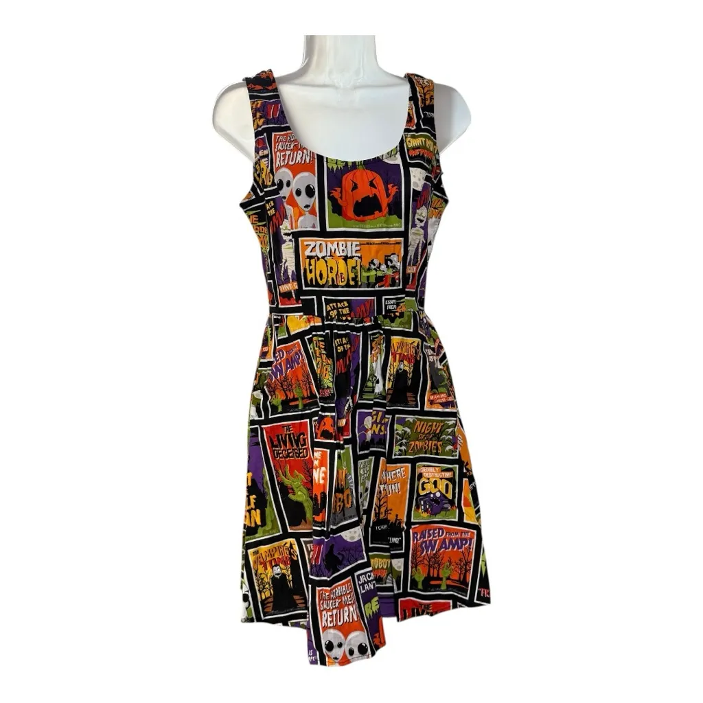 100% cotton Horrorcore Movie Poster Dress Goth Halloween Spooky Fit Flare Black Size M - Image 2