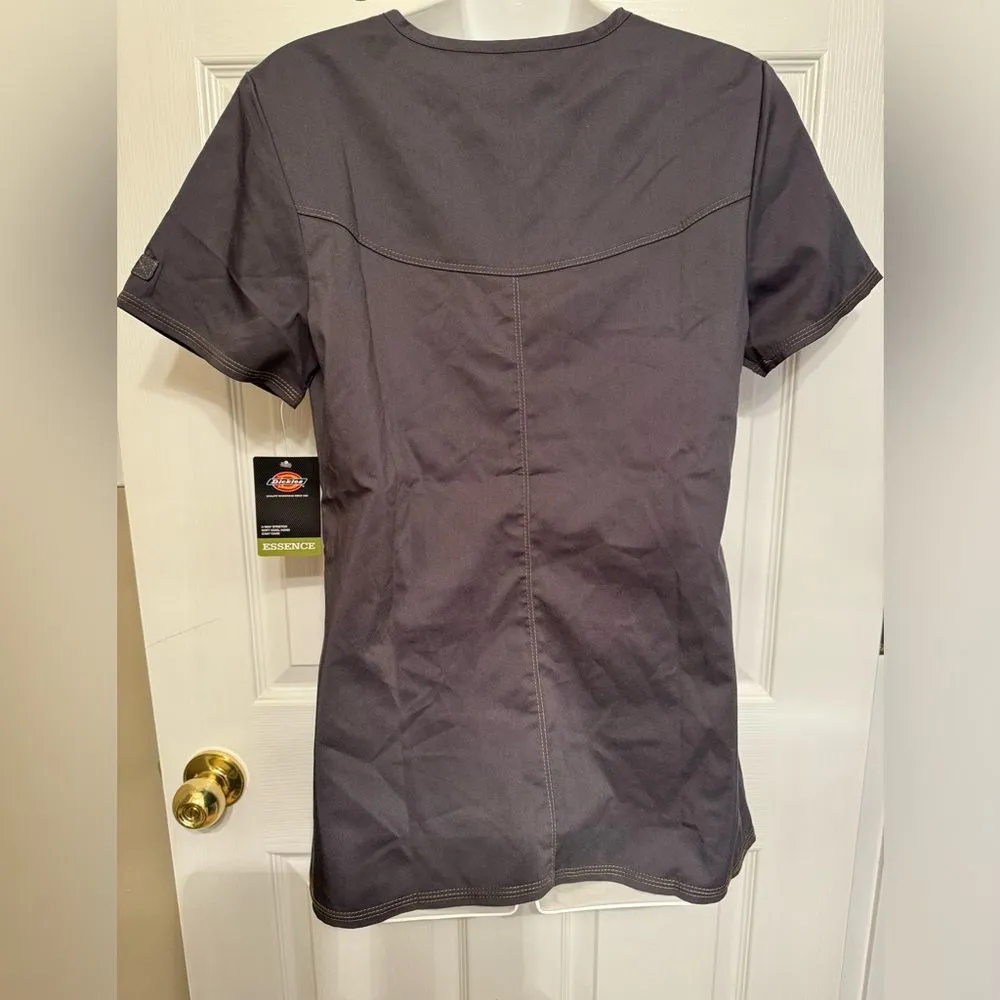 Dickies Sz S Essence Contemporary Pewter V Neck Medical Mock Wrap Scrub Top NEW - Image 3