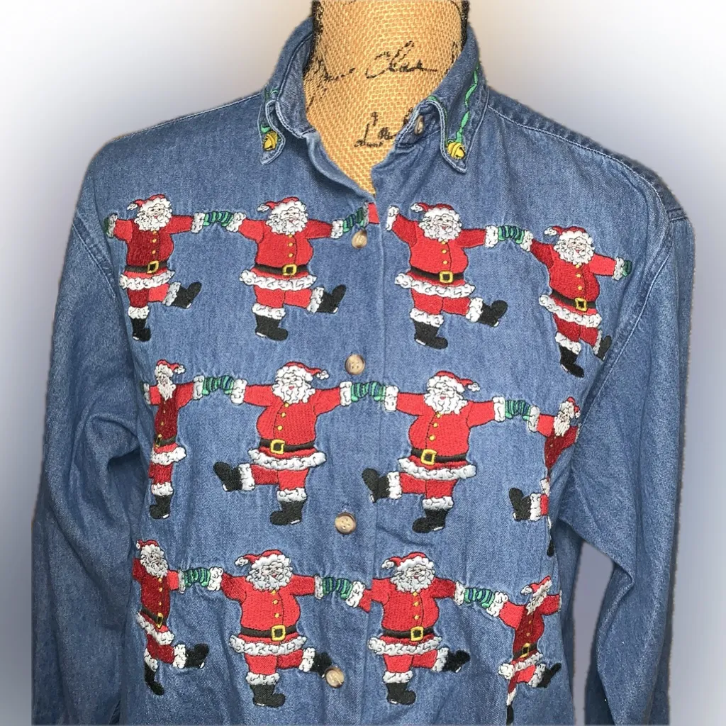 Vintage Embroidered Dancing Santa Oversized Baggy Denim Button Down Shirt S Blue - Image 3