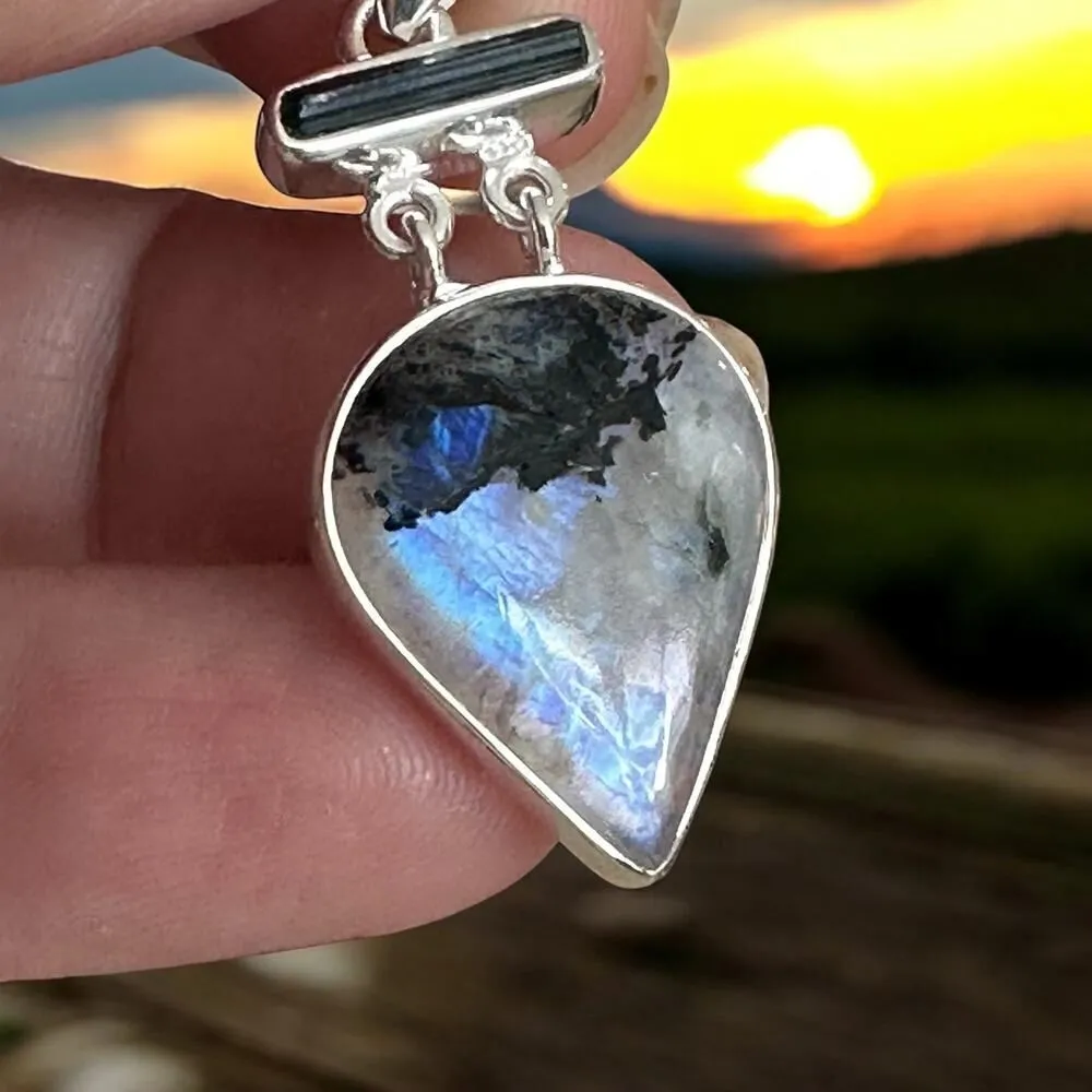 Natural Black Tourmaline In Rainbow Moonstone Sterling Silver Pendant Blue - Image 11