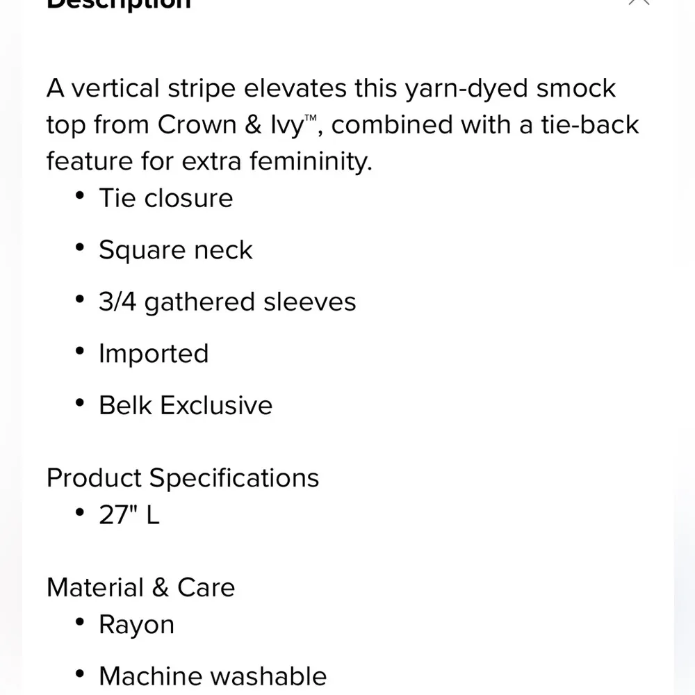 Crown & Ivy womens size XL 3/4 sleeve yarn dyed smock top square neck tie close - Image 4