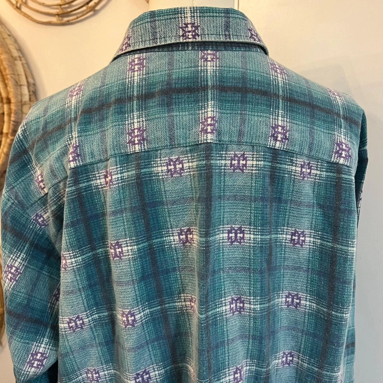 Vintage 90s Teal Plaid Flannel Shirt Made in USA Cotton Grunge Boho Western L Blue Size L - Image 7