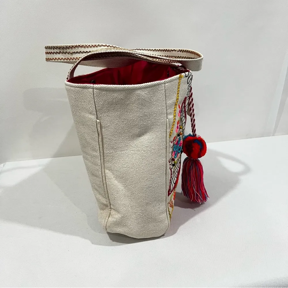 Heavy Canva Tote Embroidered Cream Bag Pom Pom Lined Aztec Print Multicolored Pink - Image 4