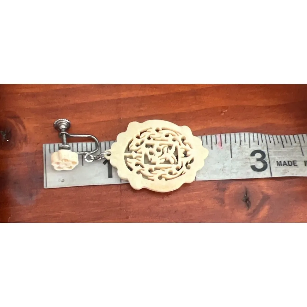 Vintage Carved Screw Back Clip On Earrings Filagree Flower 2.25" Estate 5.79g - Image 5