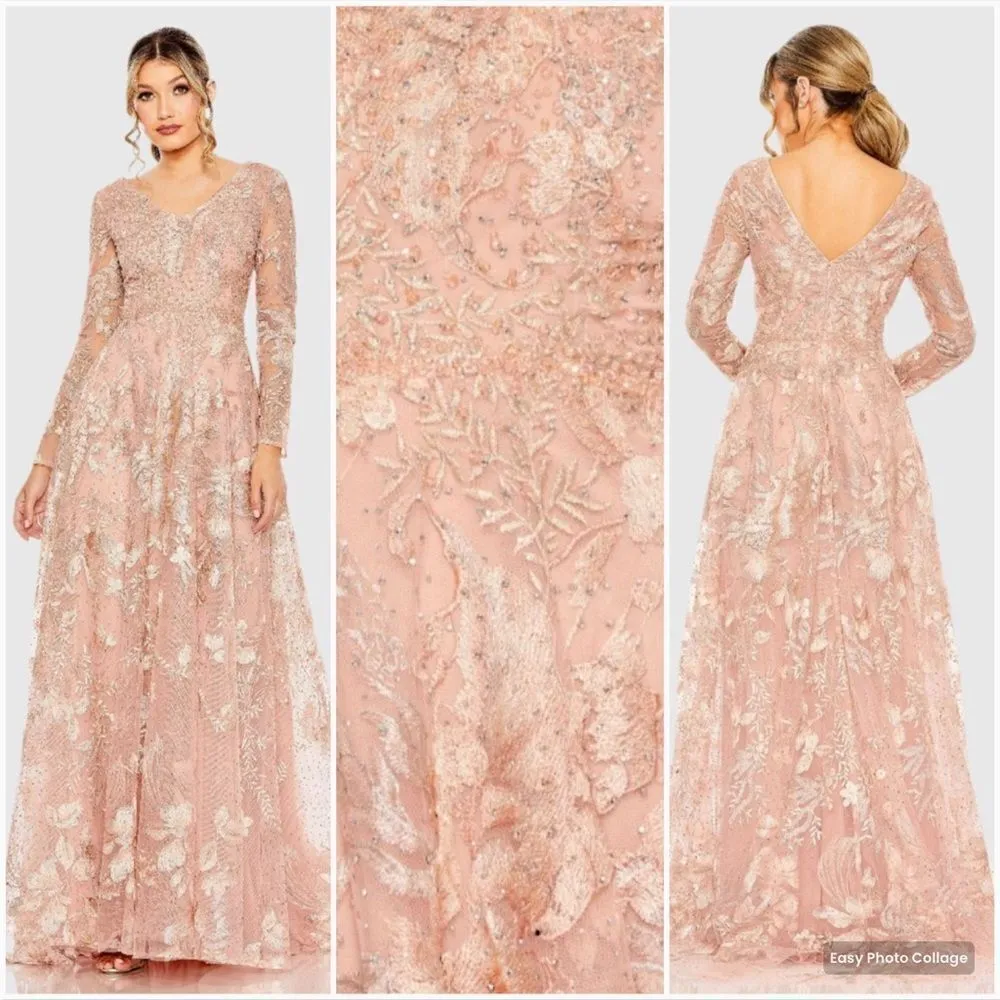 MAC DUGGAL  20214 Pink Embellished Long Sleeve V Neck A Line Gown - Image 2