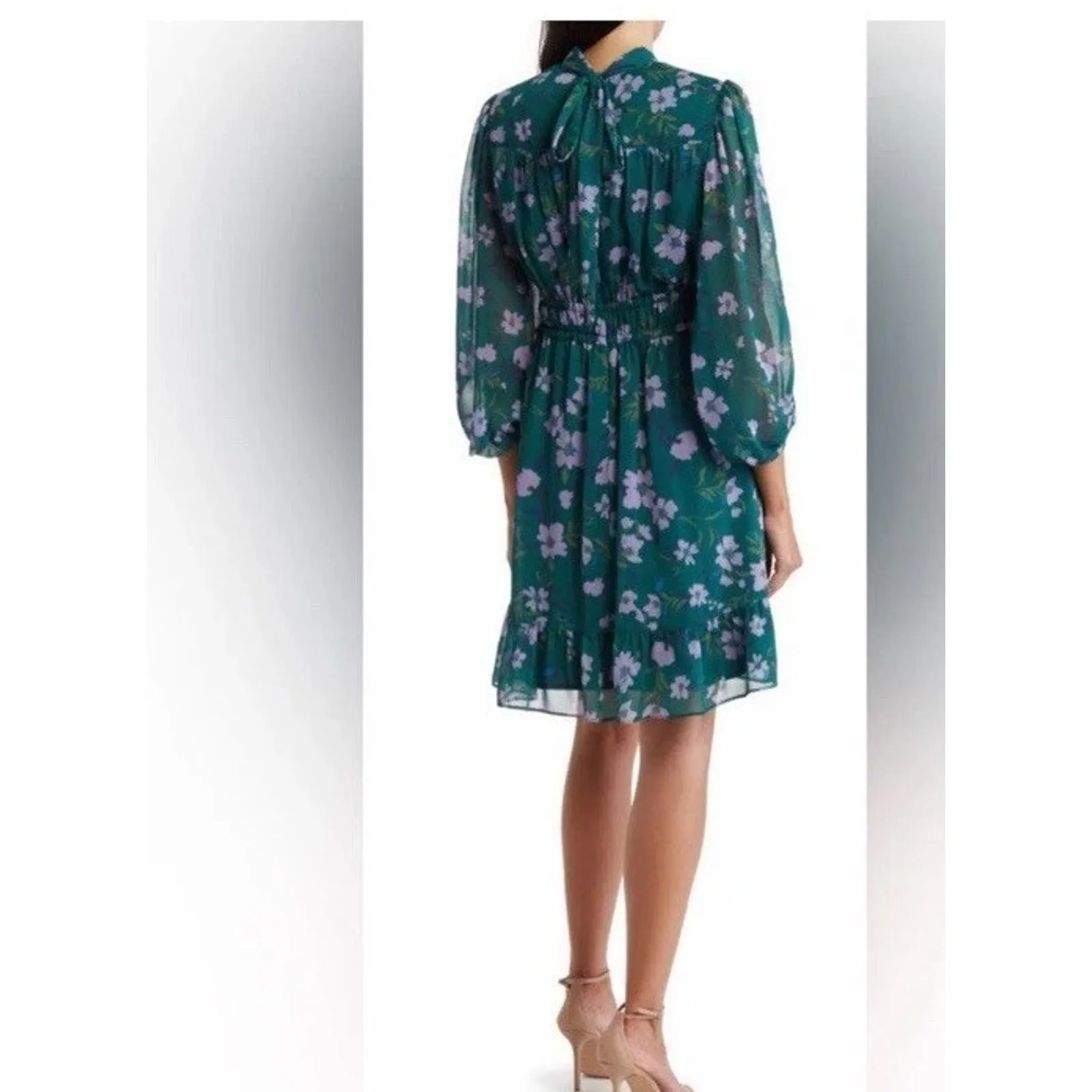 Maggy London Green Floral Dress Elbow Length Sleeves Tie Back Sz 16 - Image 3