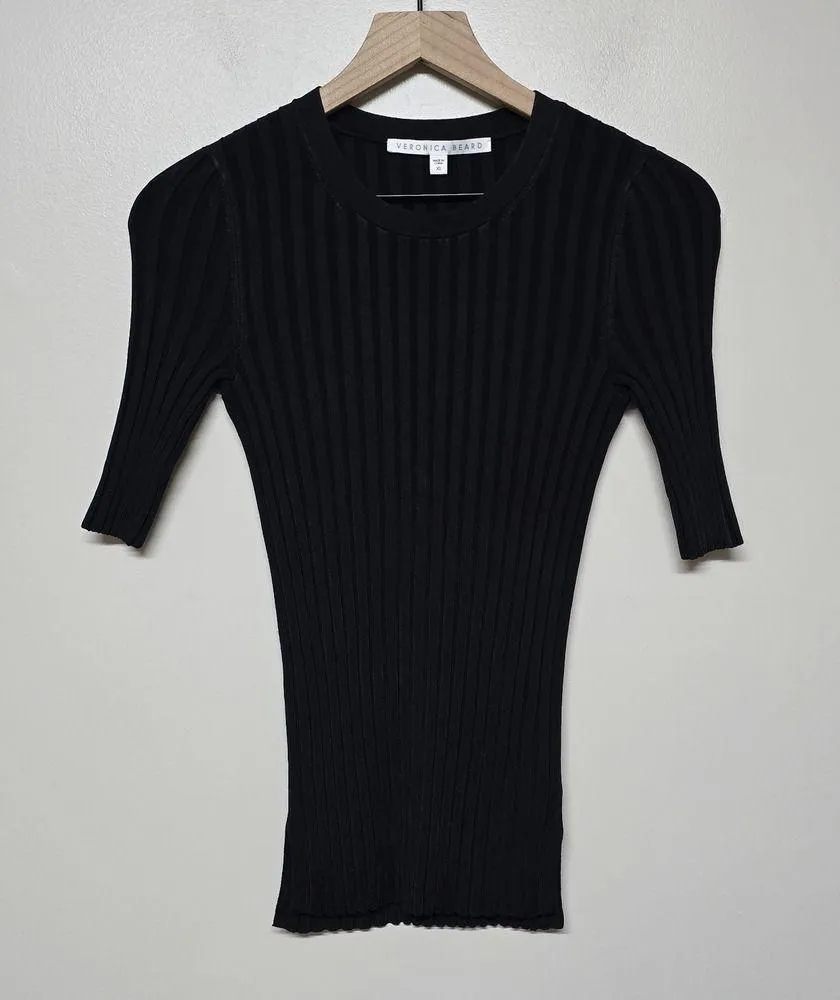 Veronica Beard Top Dillon Black Ribbed Knit Sz XS Crewneck Pullover Stretch NWOT - Image 3