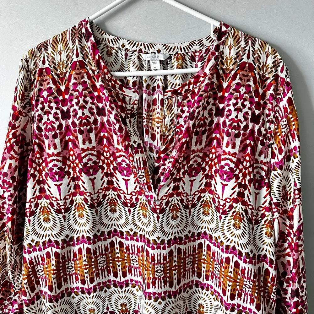Garnet Hill 100% Silk Floral Green and Orange Ikat Women's Top Size 16 - Image 9