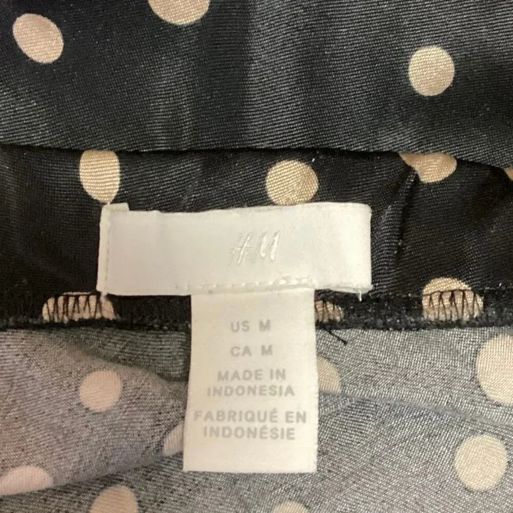 H&M Black Beige Polka Dot Print Silky Satin Slip Flowy Straight Midi Skirt Sz M - Image 4