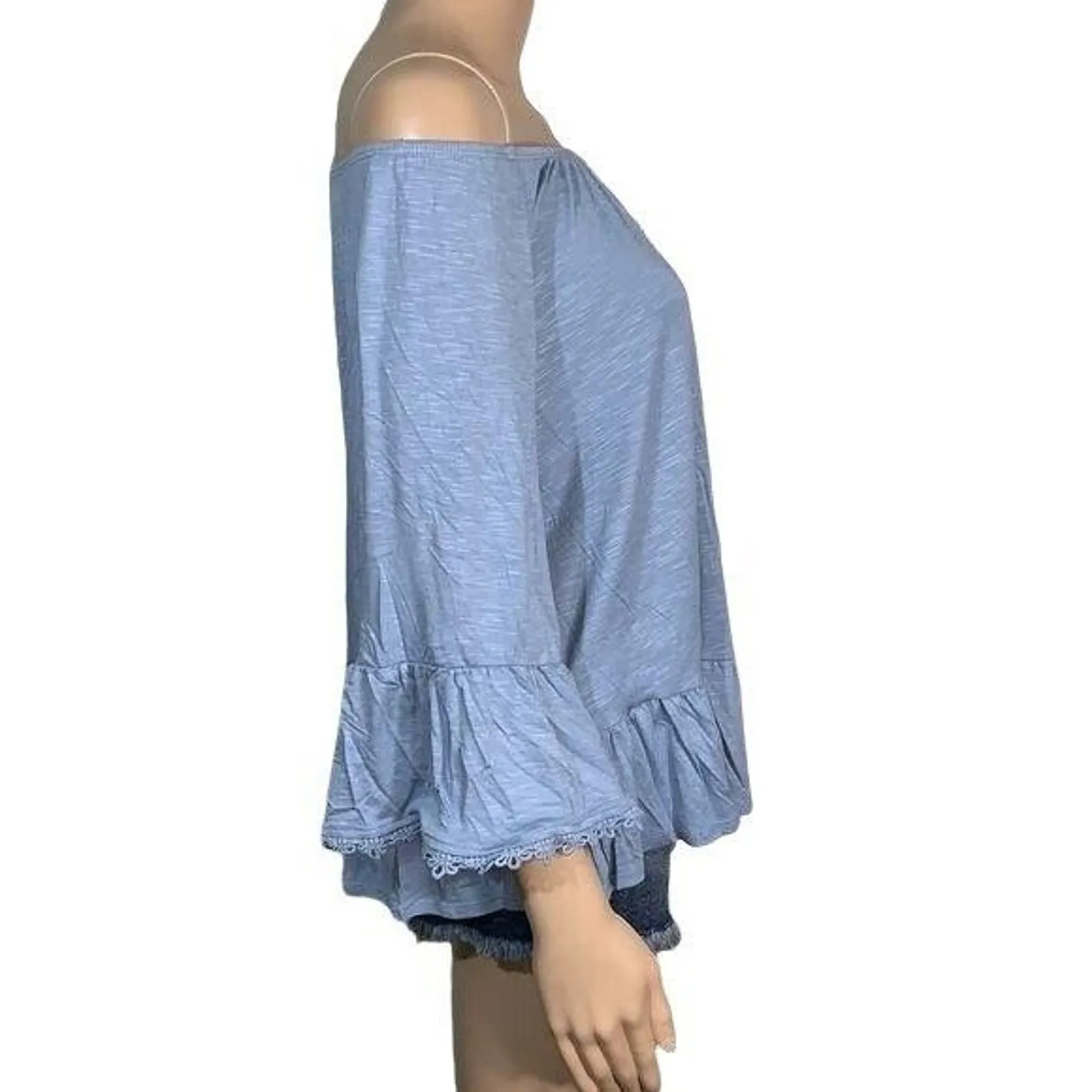 Style and Co Womens Peasant Top Blouse Off Shoulder Bell Sleeve Blue Small - Image 4