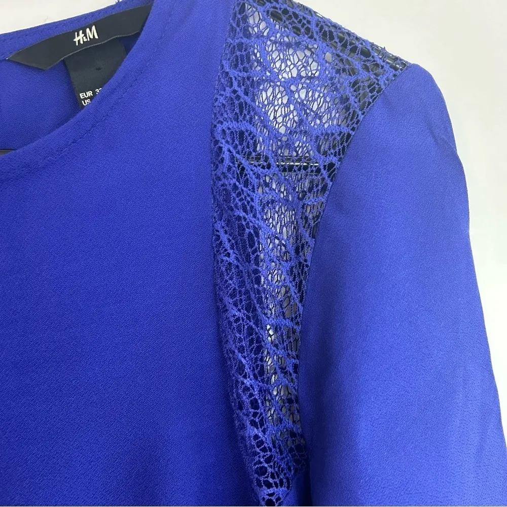 NWT H&M Royal Blue Shift Long Sleeve Dress with Lace Shoulders Size 2 - Image 7