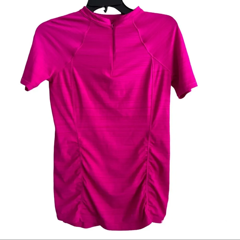 Athleta Ruched Short Sleeve Zipped Neck Workout Top Fuchsia Small - Image 5